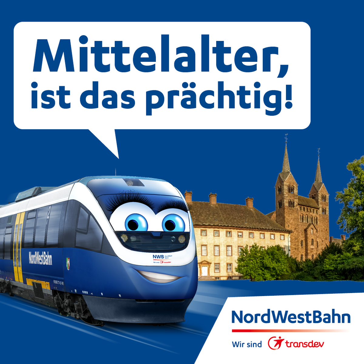 Das Schloss Corvey mit Westwerk. Ein Zug der Nordwestbahn fährt daran vorbei.