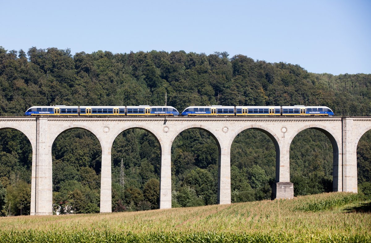 Blickfang: Das Eisenbahnviadukt in Altenbeken und ein Zug der NordWestBahn. Draufklicken und noch mehr erfahren.