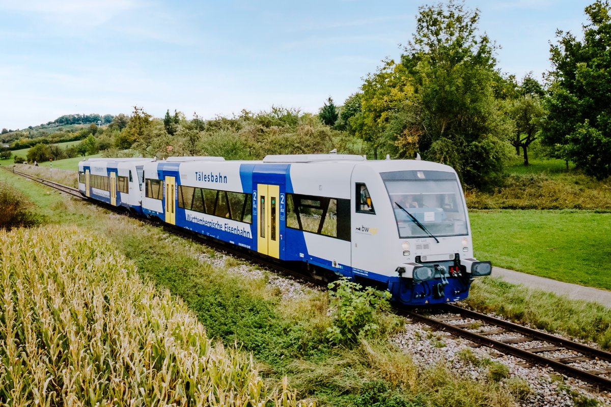 Zwei RegioShuttles der Tälesbahn unterwegs auf der Strecke, umgeben von grüner Landschaft