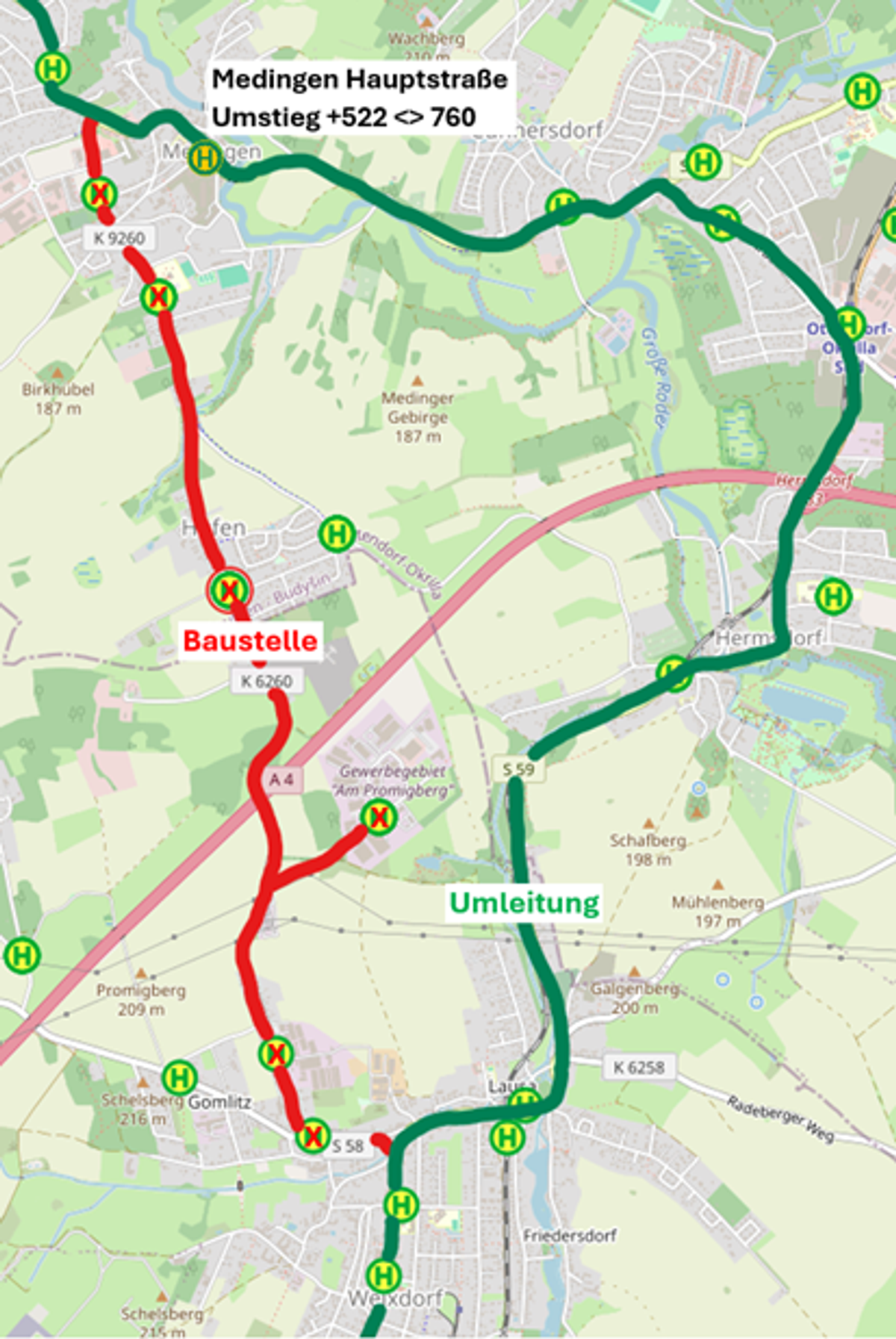 Umleitung Hufen Linie 522