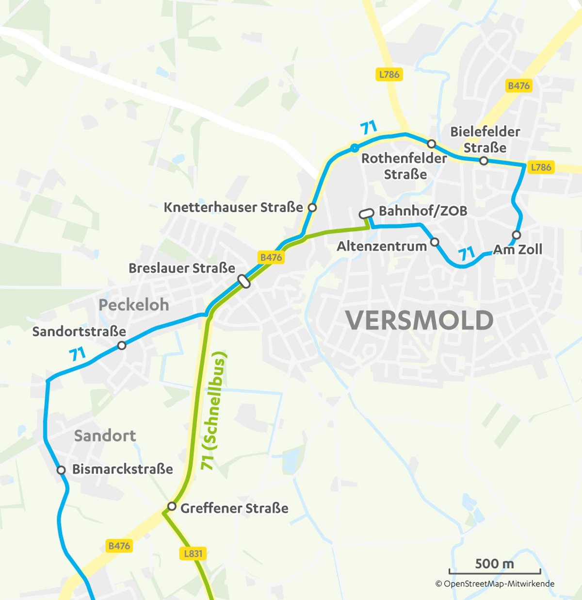 Verlauf Linie 71 in Versmold