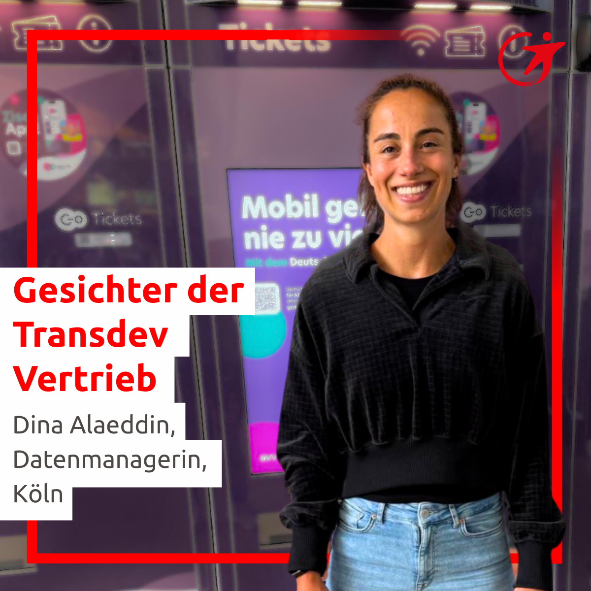 Dina vor einem Automaten aus dem viele Daten in ihre Berichte einfließen