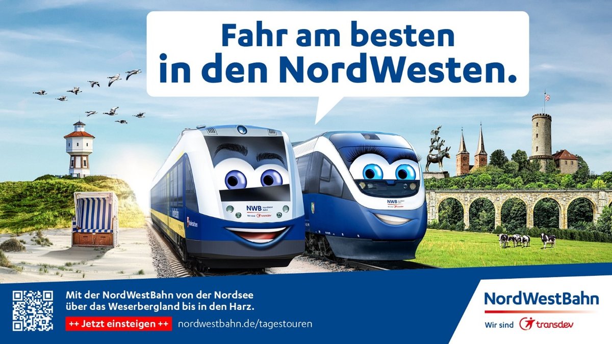 Mit Lintus und Talentina auf Ausflugstour: Die NordWestBahn sorgt für die sichere An- und Abreise. 