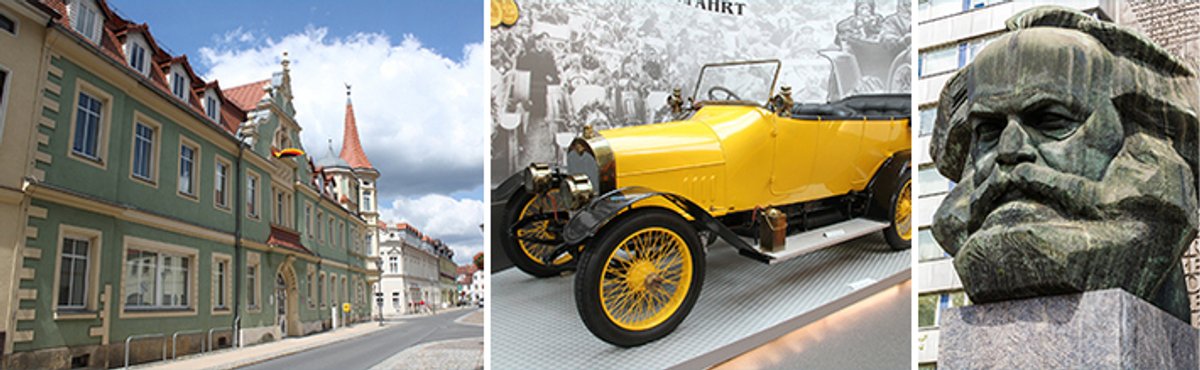 Altstadt mit schönen Häusern, gelber Oldtimer, Karl Marx Büste