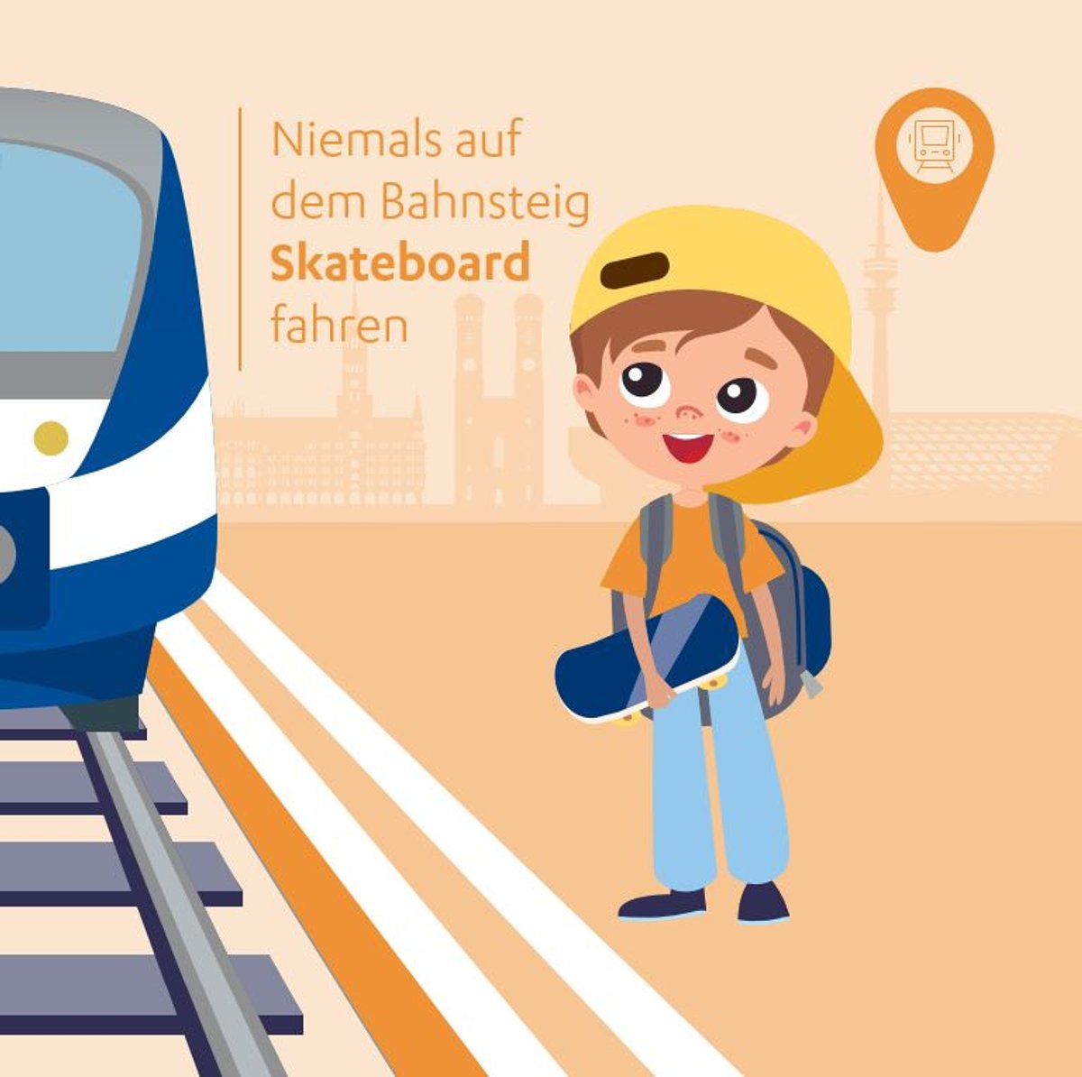 Niemals auf dem Bahnsteig Skateboard fahren
